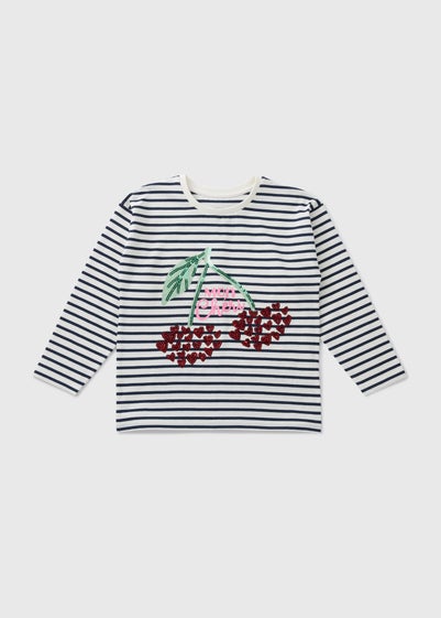 Girls Cream Stripe Cherry Long Sleeve Top (1-7yrs)