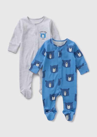 2 Pack Baby Blue Bear Sleepsuits