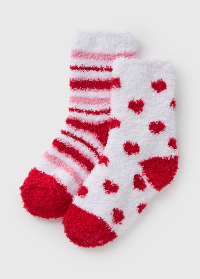 2 Pack Girls Red Heart Valentines Fluffy Socks (Younger 6-5.5)