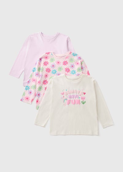 3 Pack Girls Pink Fun Floral Long Sleeve Tops (1-7yrs)