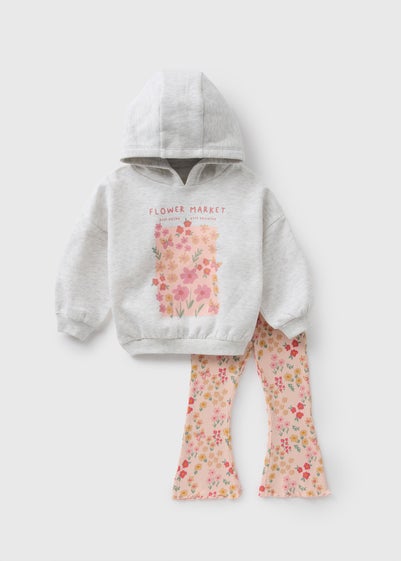 Girls Pink Flower Hoodie & Flares Set (1-7yrs)