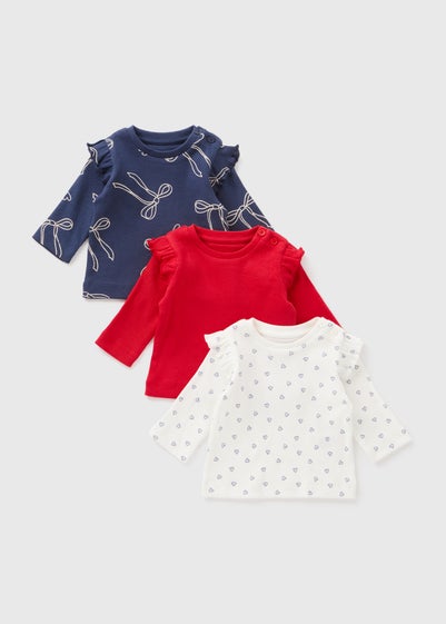 3 Pack Baby Multicolour Bow Heart Long Sleeve Tops (Newborn-23mths)