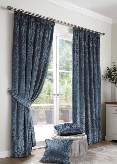 Curtina Trinity Jacquard Blue Pencil Pleat Curtains