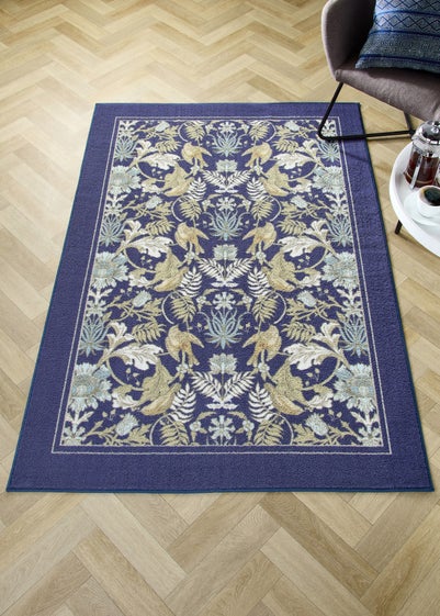 Dreams & Drapes Design Finch & Flower Non-Slip Navy Washable Rug