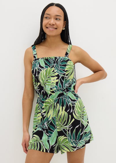 Green Tropical Leaf Print Playsuit