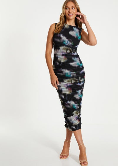 Quiz Black Brushstroke Print Mesh Midaxi Dress