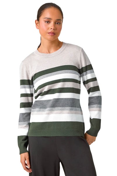 Roman Khaki Petite Stripe Print Knit Jumper