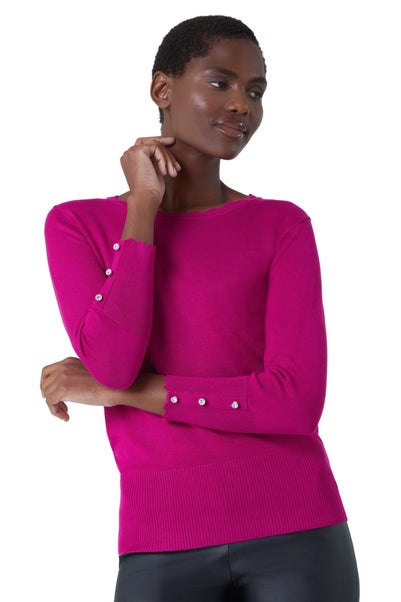 Roman Fuchsia Diamante Button Scallop Edge Jumper