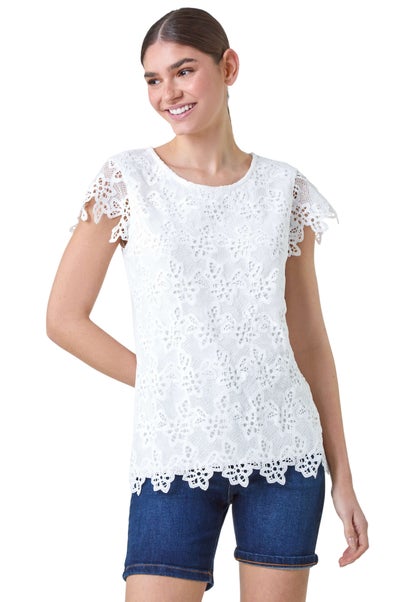 Roman Ivory Floral Lace Sleeveless Top