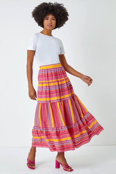 Roman Fushcia Tiered Striped Elastic Waist Maxi Skirt