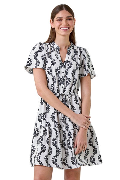 Roman Black Fan Print Frill Hem Shirt Dress