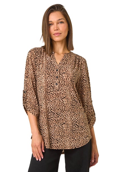 Roman Beige Animal Print Stretch Blouse