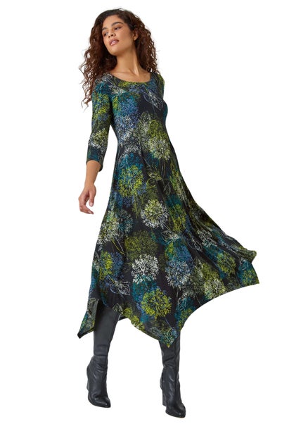 Roman Green Floral Hanky Hem Stretch Midi Dress