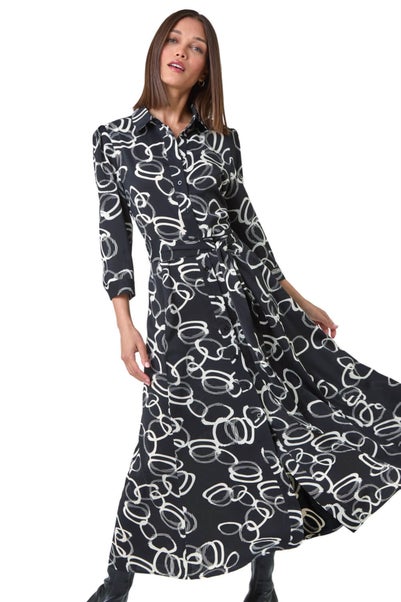 Roman Black Abstract Circle Print Midi Shirt Dress