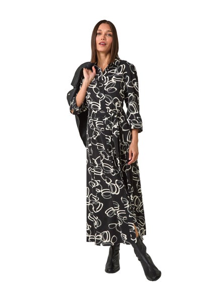 Roman Black Abstract Circle Print Midi Shirt Dress