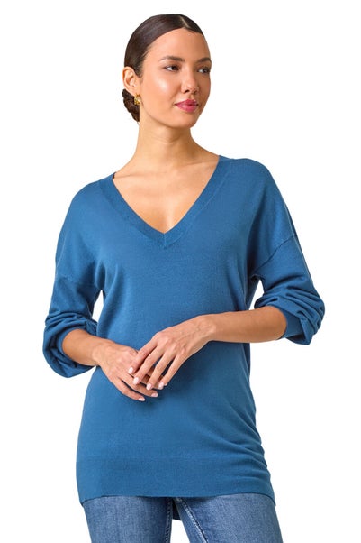 Roman Petrol Blue Plain V-Neck Stretch Jumper