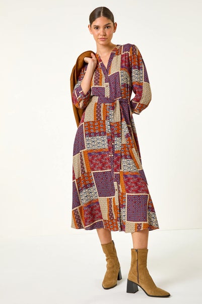 Roman Burgundy Patchwork Midi Shirt Dress