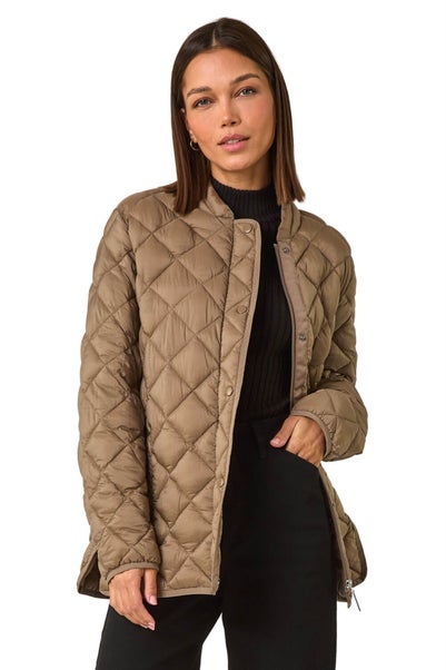 Roman Taupe Diamond Quilted Funnel Coat