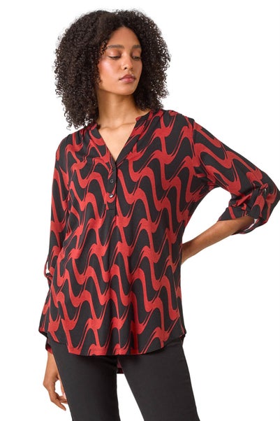 Roman Red Geometric Print Stretch Blouse