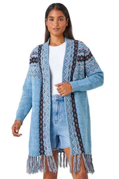 Roman Light Blue Fringed Hem Longline Cardigan