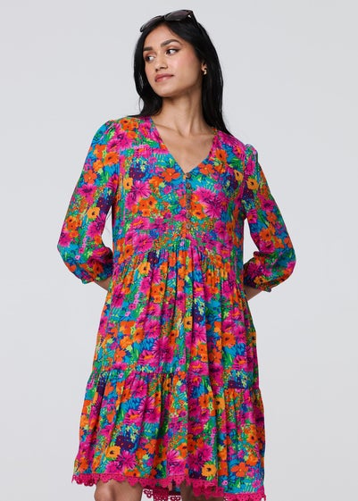 Izabel London Pink Floral 3/4 Sleeve Smock Dress