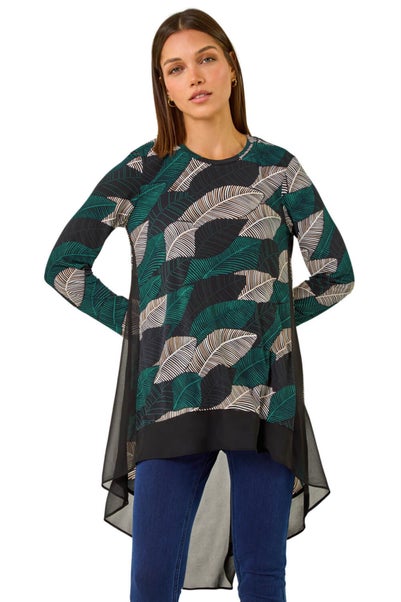 Roman Teal Leaf Print Chiffon Dipped Hem Top