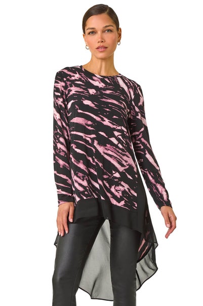 Roman Pink Abstract Print Chiffon Hem Tunic Top