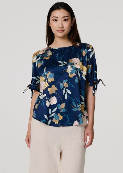 Izabel London Navy Floral Split Sleeve Satin Blouse