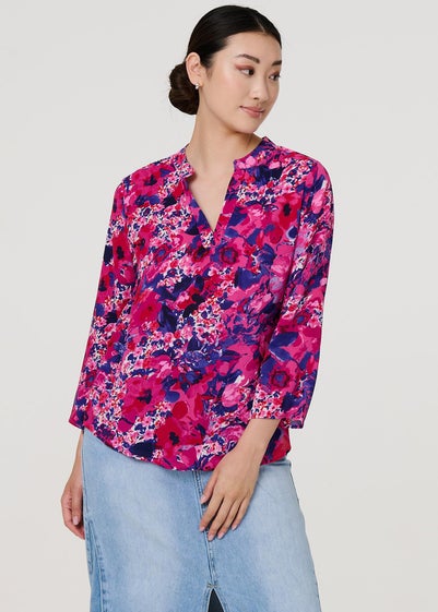 Izabel London Pink Floral 3/4 Sleeve Collarless Blouse