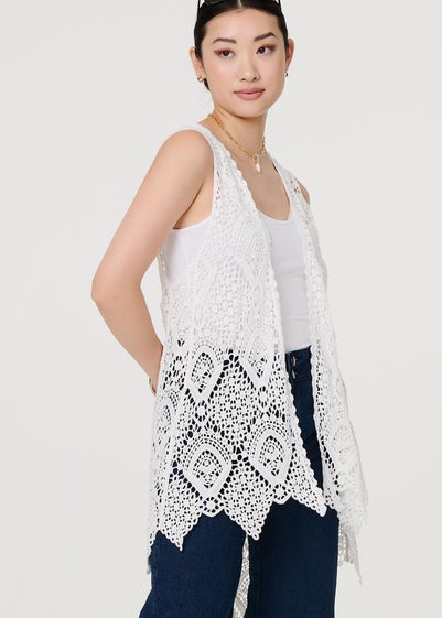 Izabel London White Lace Open Front High Low Cardigan