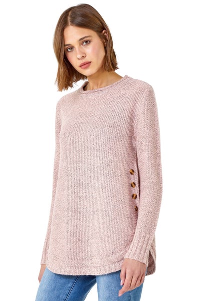 Roman Light Pink Button Detail Curved Hem Jumper