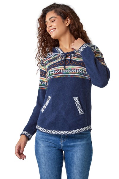 Roman Midnight Blue Nordic Print Hooded V-Neck Jumper