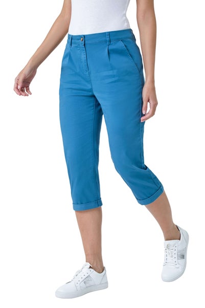 Roman Teal Blue Cotton Blend Cropped Chino Trousers