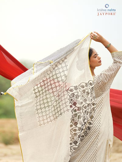 Women White Cotton silk Printed Block print Dupatta