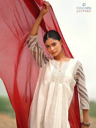 Women White Cotton silk Flared Block print Kurta