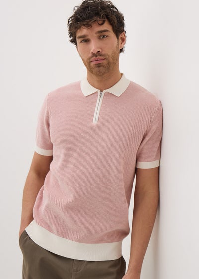 Pink Waffle 1/4 Zip Polo Shirt - Small