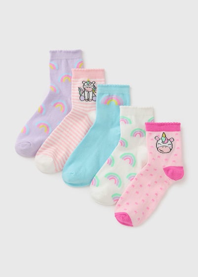5 Pack Girls Pink Unicorn Socks (Younger 6-Older 6.5)