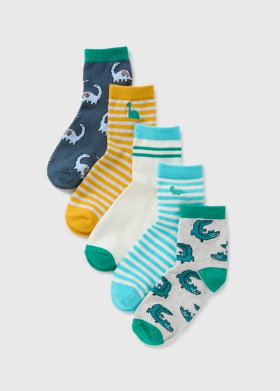 5 Pack Boys Multicolour Dino Socks (Younger 6-Older 6.5)