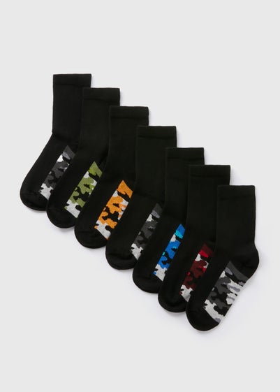 7 Pack Boys Black Camo Socks (Younger 6-Older 6.5)