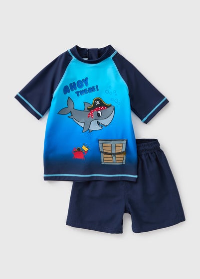 Boys Blue Shark Rash Vest & Shorts Set (1-7yrs)