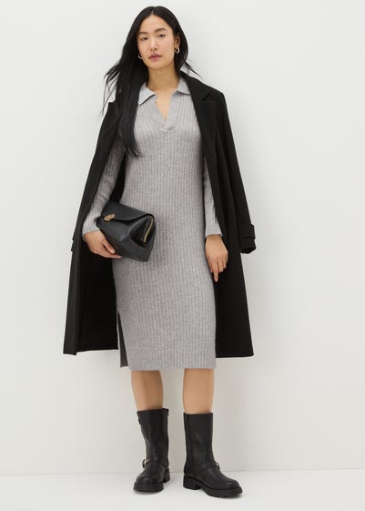 Grey Open Collar Knitted Dress