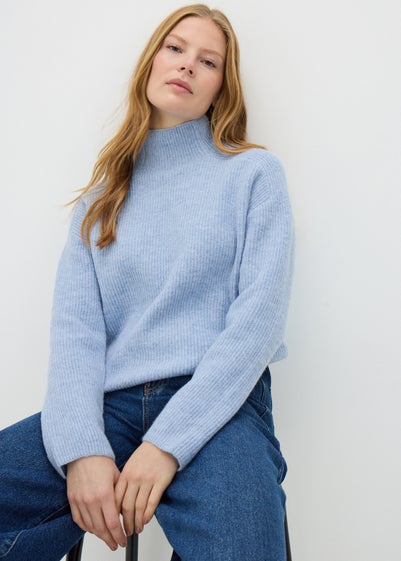 Pale Blue High Neck Ribbed Knit Jumper