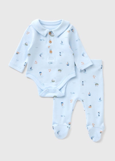 2 Piece Baby Blue Boat Bodysuit & Legging Set (Newborn-18mths)