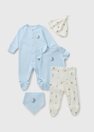 5 Piece Baby Blue Boat Sleepsuit & Bodysuit Set (Newborn-6mths)