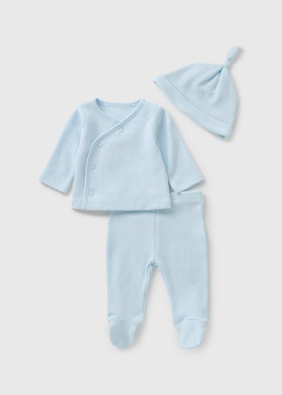 3 Piece Baby Blue Waffle Top & Trouser Set (Newborn-12mths)