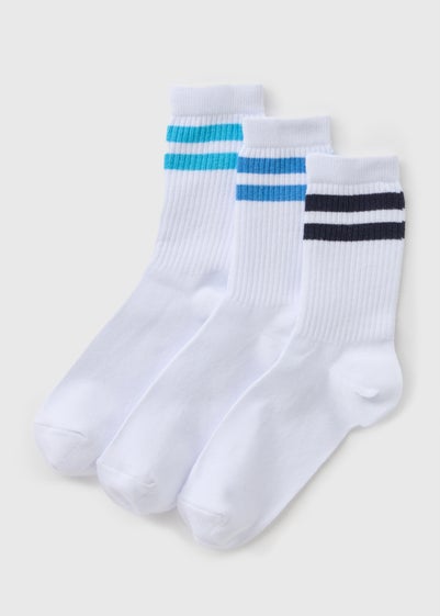 3 Pack White Blue Stripe Sports Socks (Younger 6-Older 6.5)