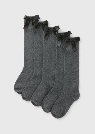 5 Pack Grey Bow Knee High Socks (Younger 6-Older 6.5)