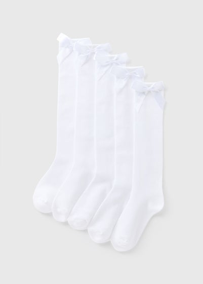 5 Pack of White Bow Knee High Socks (Younger 6-Older 6.5)