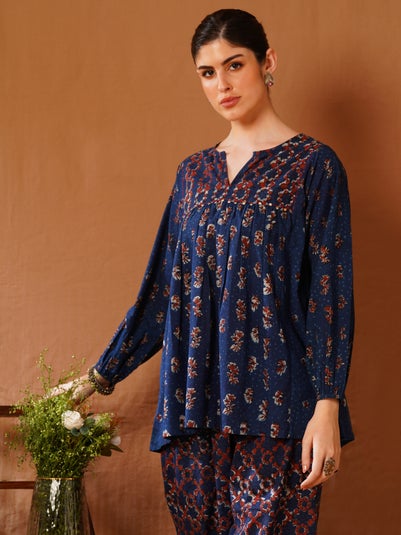 Women Indigo Blue Cotton Flared Printed Dabu Top