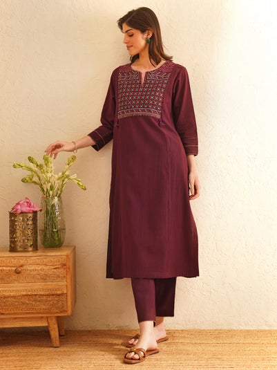 Women Purple Cotton Straight Fit Hand Embroidery Kurta Set